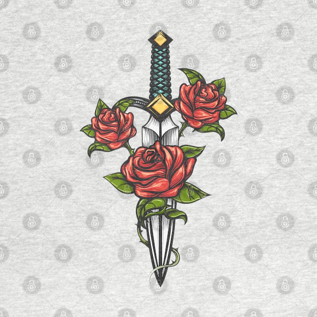 Dagger Knife and Rose Flowers Drawn in Tattoo Style by devaleta